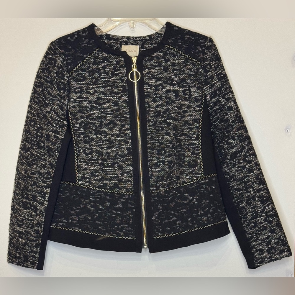 Classy Chico's Black and White Blazer Pieced w/Lace Jaguar Print Zip Up Size 0
